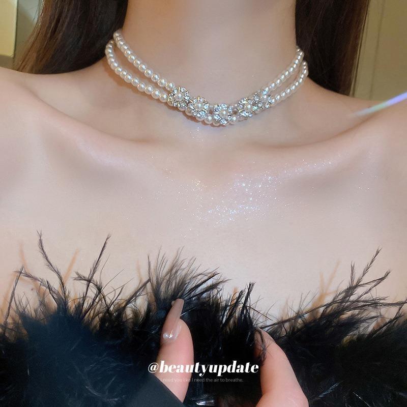 Korean Retro Pearl Diamond Fringed Neck Chain Internet Celebrity Temperament Design Sense Flower Bow Collarbone Chain Necklace Female