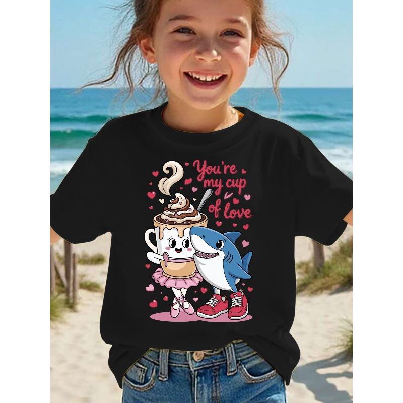 

European sizes Summer Fashion Girls Short Sleeve T-Shirt You re My Cup of Love Lettering with Shark, Ballet, Coffee Cup Cartoon 98cm чёрный