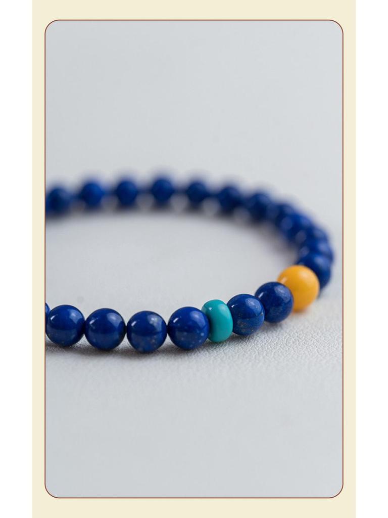 Cyan Blue Lapis Lazuli & Amber Beaded Bracelet
