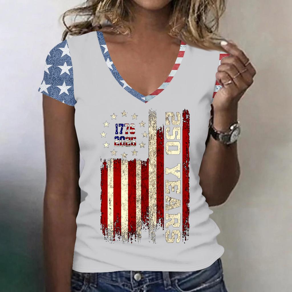 Women’s V Neck Lightweight Short Sleeve Top with Distressed Flag and 250 Years Print for Spring Summer Casual Wear
