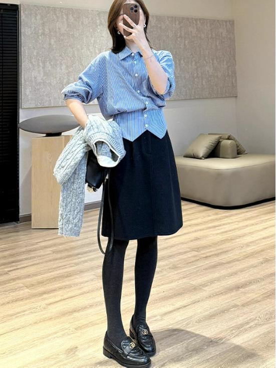 Women's Elegant A-line Wool Blend Skirt with Elastic Waist for Autumn/Winter