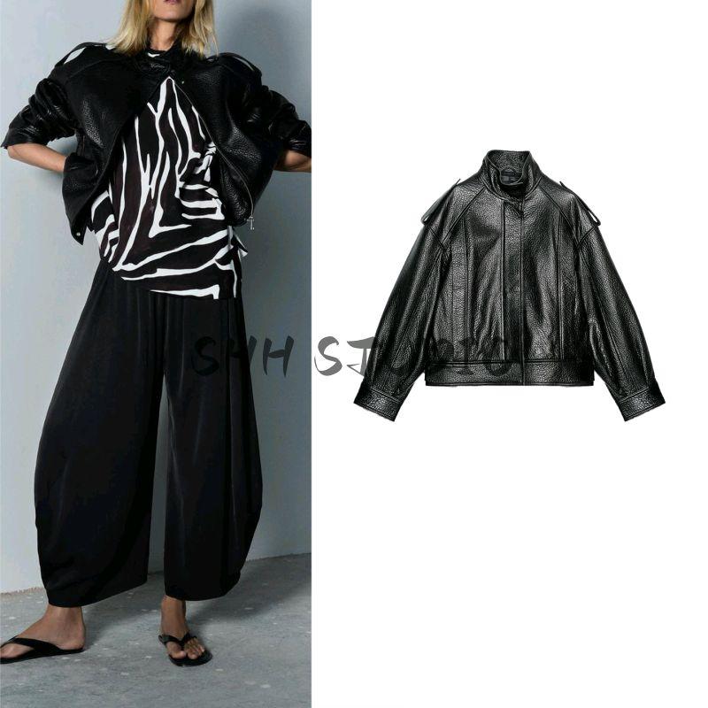 Autumn New Women Clothes Boyfriend Style Turtleneck Long Sleeve PU Leather Bomber Jacket Outerwear 2969064