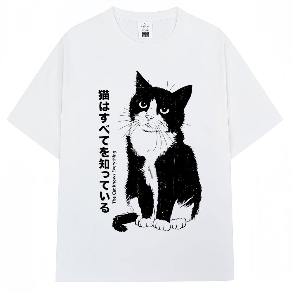 Japanese Style Funny Black Kawaii Cat Anime T Shirts Men Women Trendy Vintage Harajuku Tshirt Oversized Cotton Tees Streetwear