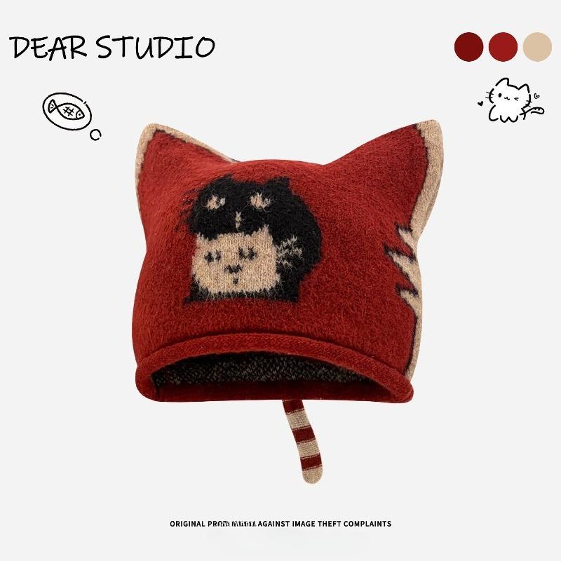 Korean retro jacquard gray cat knitted hat women's autumn and winter 2025 new face small wool hat bag head hat