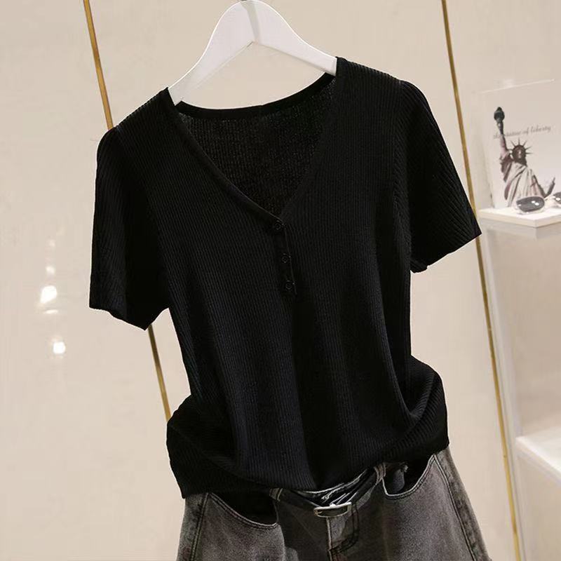 Women Ice Silk Short Sleeve Knitted V Neck T Shirt Versatile Pullover Simple Top