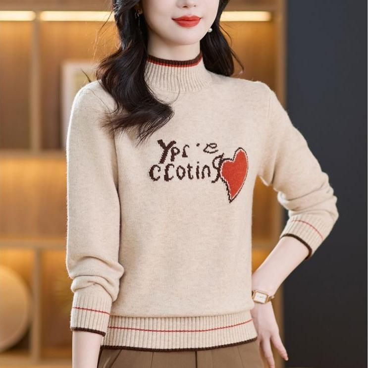 Women's Thickened Wool Sweater Autumn Winter Half-High Neck Printed Wool Sweater Loose Knit Pullover Top
