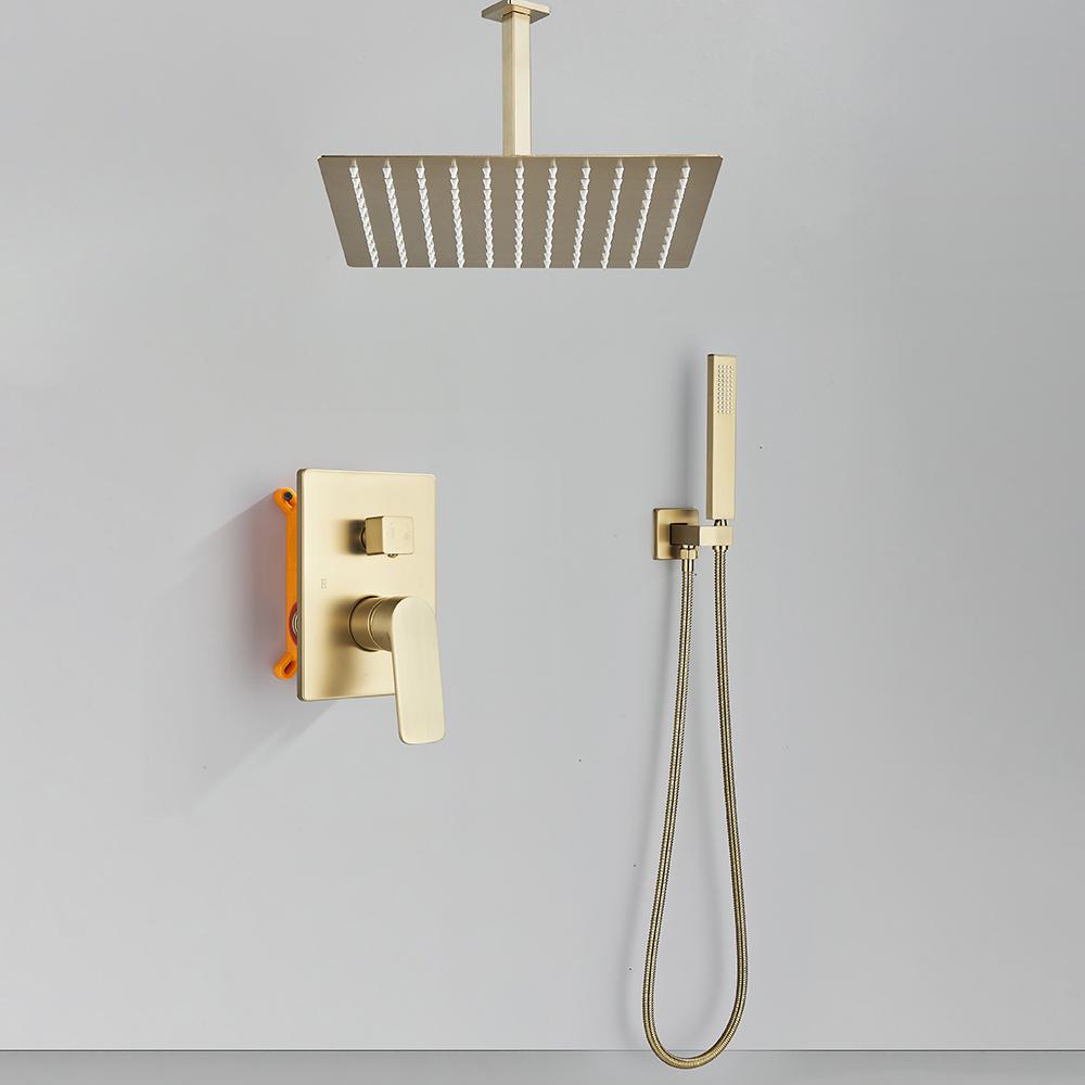 POIQIHY Brushed Golden Shower Faucets Wall Mount Concealed Shower Set Rainfall Bath Shower Mixers 2 Ways Bathroom Mixer Tap