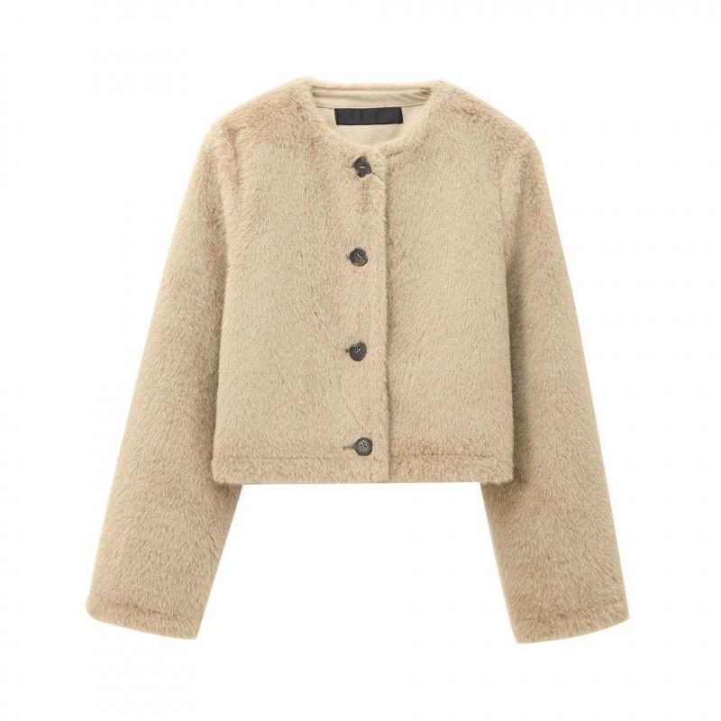 Womens Faux Fur Short Jacket Street Style Round Neck Long Sleeve Outerwear