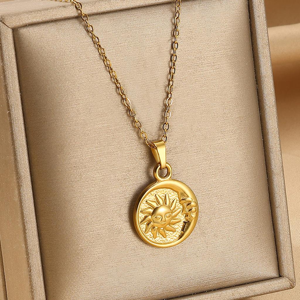 2025 Sun Moon Coin Pendant Necklace For Women Cute Fashion Gold Color Stainless Steel Round Necklace Sweet Jewelry Her Gifts