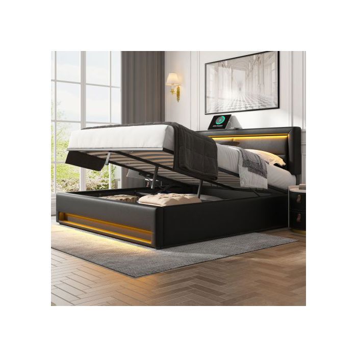 Lit rembourré - MUVOE - 140 x 200 cm - USB - Éclairage LED - Rangement sous le lit