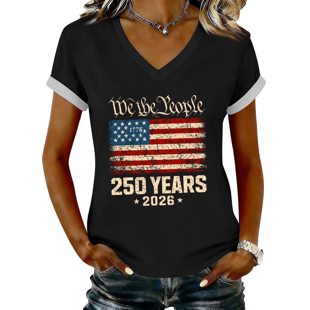 Women's Casual Printed T-Shirt V Neck Pullover Short Sleeve Top