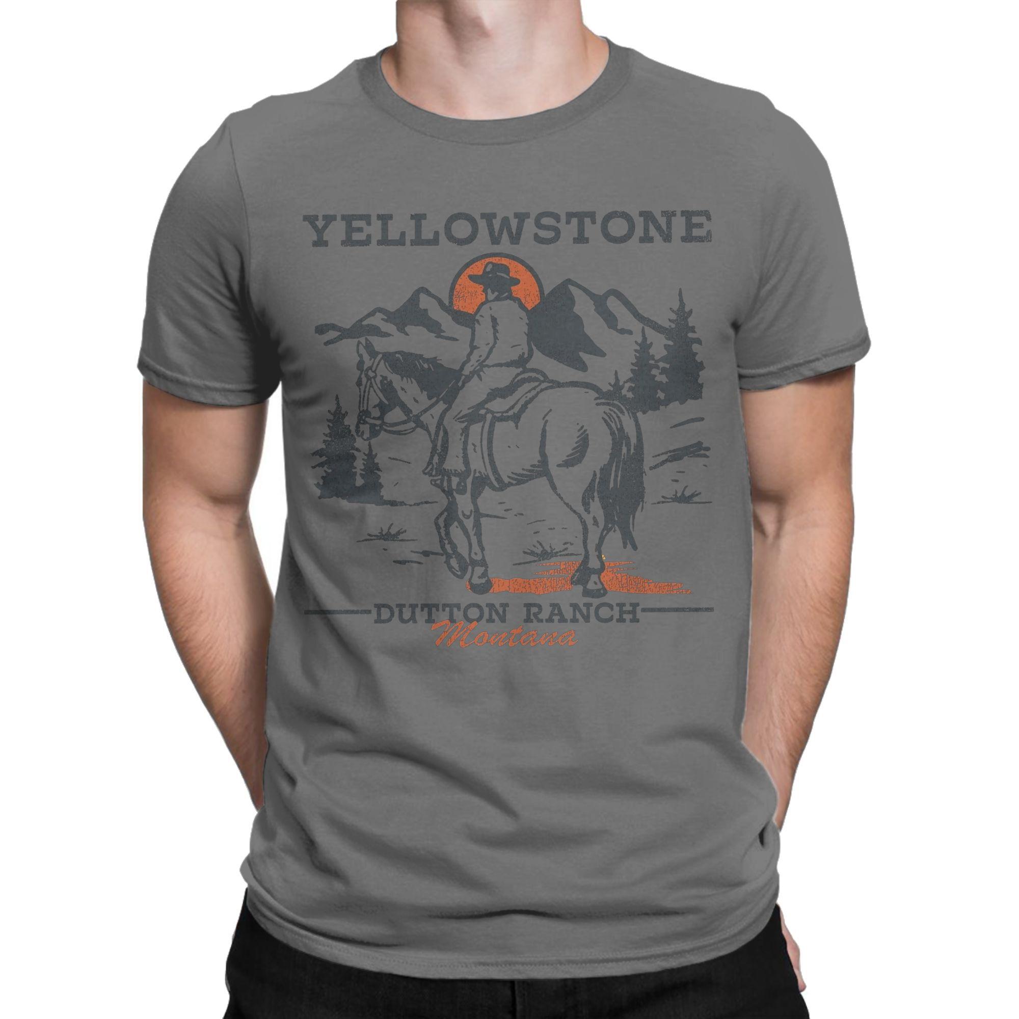 Мужская футболка Yellowstone Dutton Ranch Винтаж Ковбой Закат Досуг 100% Хлопок Футболка Короткий Рукав Футболки Круглый Вырез Одежда S темно-серого