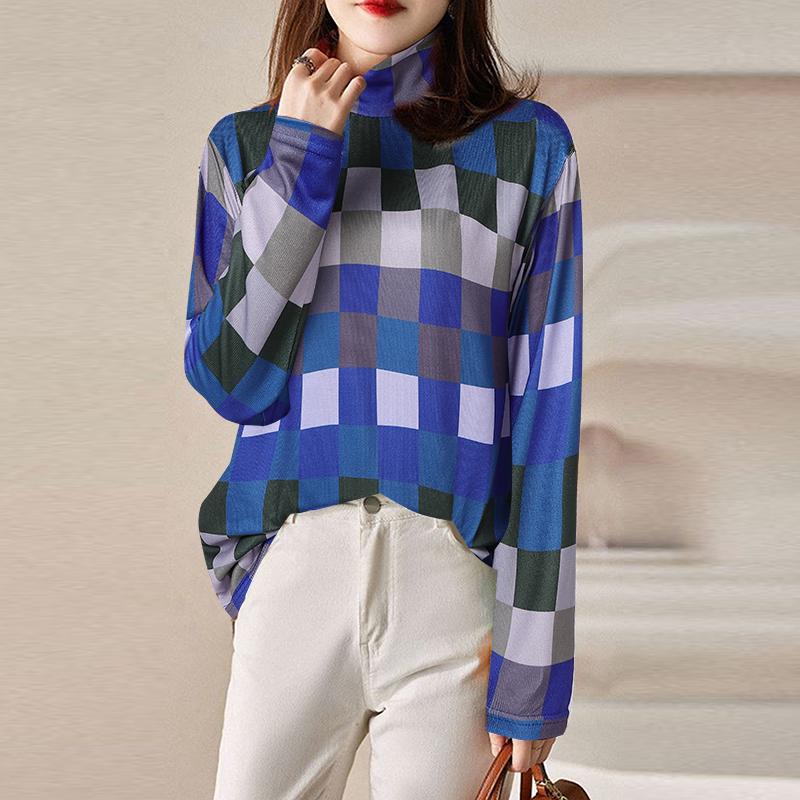 

ZANZEA Женские осенние водолазки с длинным рукавом в клетку контрастного цвета S синий