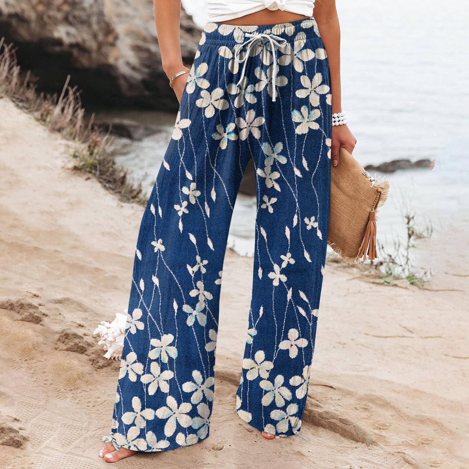 

Женские повседневные свободные хлопковые льняные брюки с 9 брюками и широкими штанинами с карманами L синий