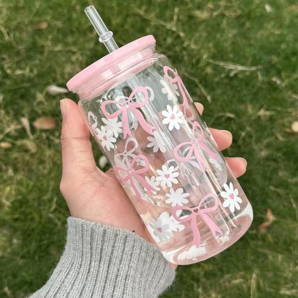 Cute Bow Glass Water Cup with Straw, Cartoon Stripe Design, Ideal for Fruit Tea & Lemonade, Perfect Gift for Girls