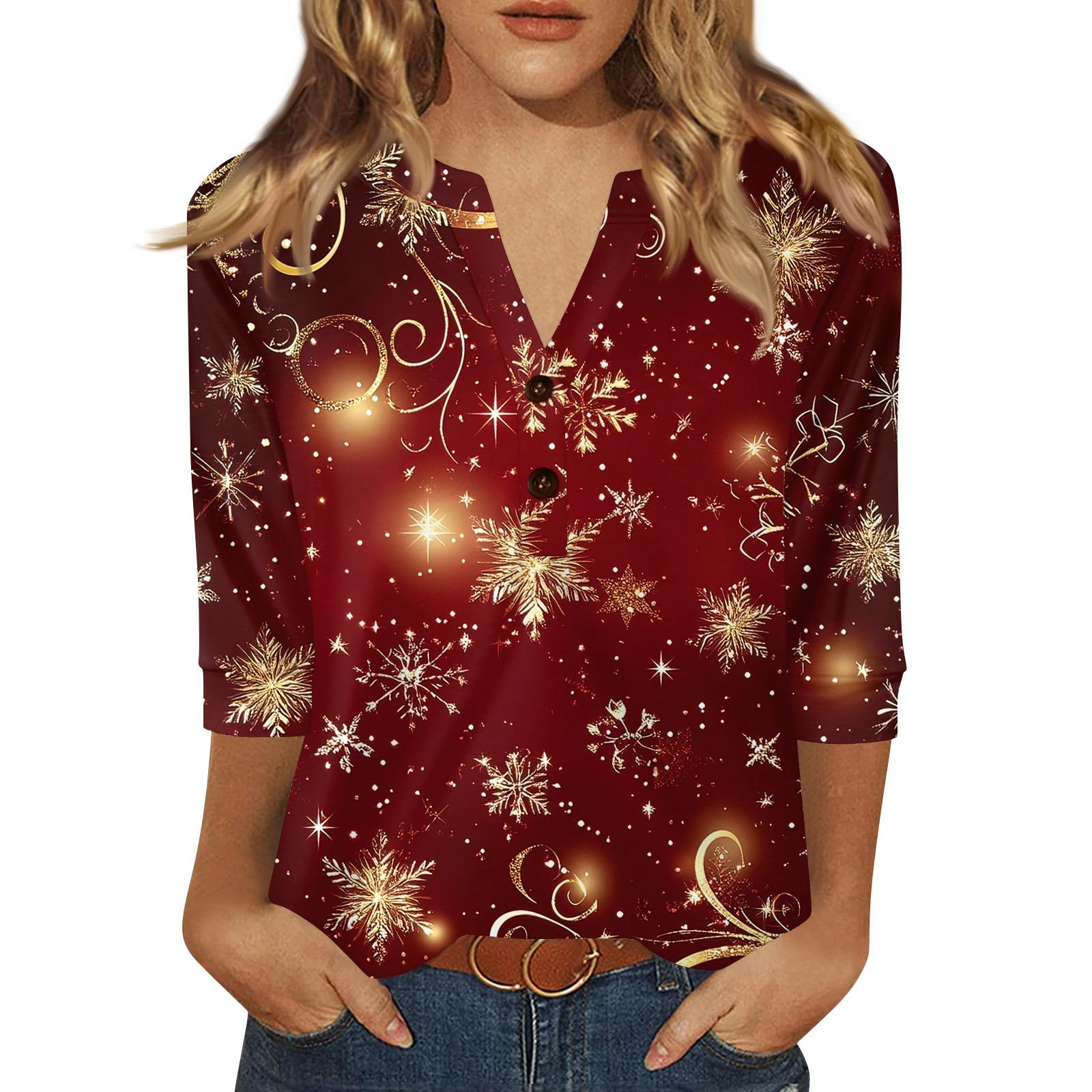 

Женская футболка с рождественским принтом, на пуговицах, рукав 3/4, повседневная, выходного дня, модная, базовая, с V-образным вырезом, стандартный топ L