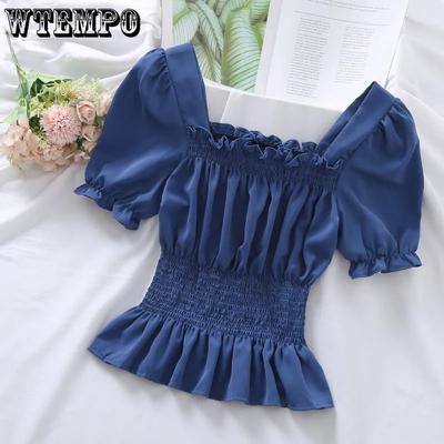 Camicie estive in chiffon con maniche a sbuffo corte da donna, camicia bianca sottile, colletto quadrato femminile, top aderenti da strada