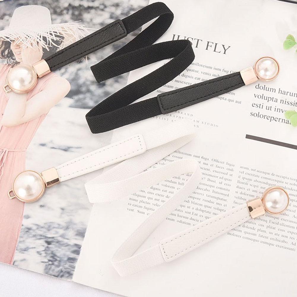 Women Double Pearl Belt Female Black Red White PU Leather Dress Skirt Waist Elastic Thin Belts Ladies Designer Waistband