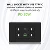 White/black embedded Italy Chile plug usb C wall socket,16A power strip, smart Type-c 20W fast charging socket adapter