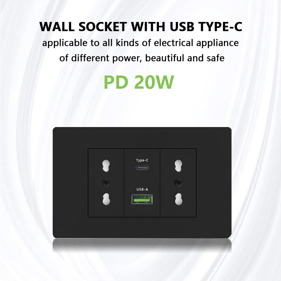 White/black embedded Italy Chile plug usb C wall socket,16A power strip, smart Type-c 20W fast charging socket adapter