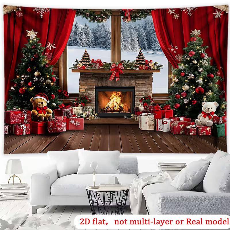 2D Flat Winter Christmas Garage Banner, Cozy Fireplace & Snowy Window Party Background
