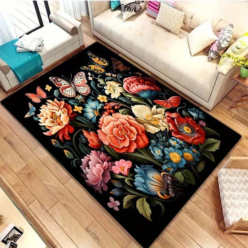 Crystal Velvet Floral Pattern Carpet, Non-Slip Floor Mat with Vibrant Flower Design, Machine Washable Polyester Rug for