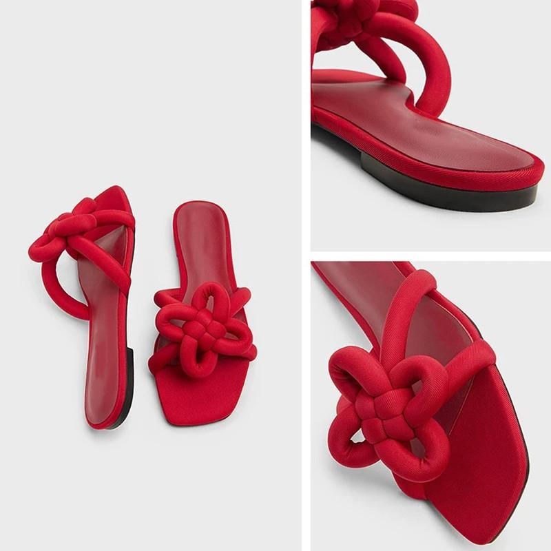 Fashion Fashion Ethnic Style Flat Slippers Women Cute Light Square Toe Open Toe Slide Sandals Cozy Satin Flip-flops Summer Beach Shoes