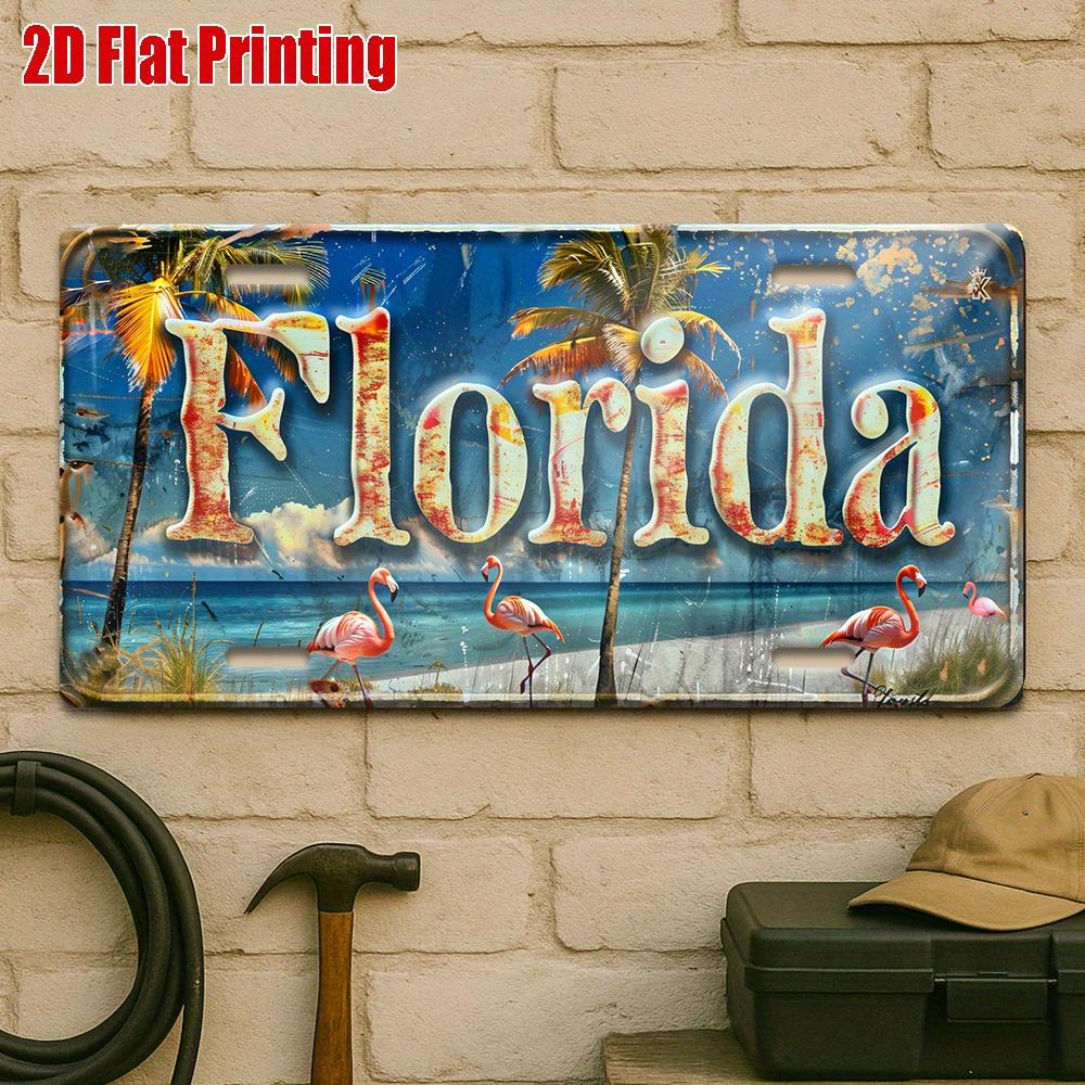 2D Flat Piece, Florida Beach Scene Metal License Plate, Vintage Aluminum Sign, Suitable for Poolside, Patio, Beach Bar