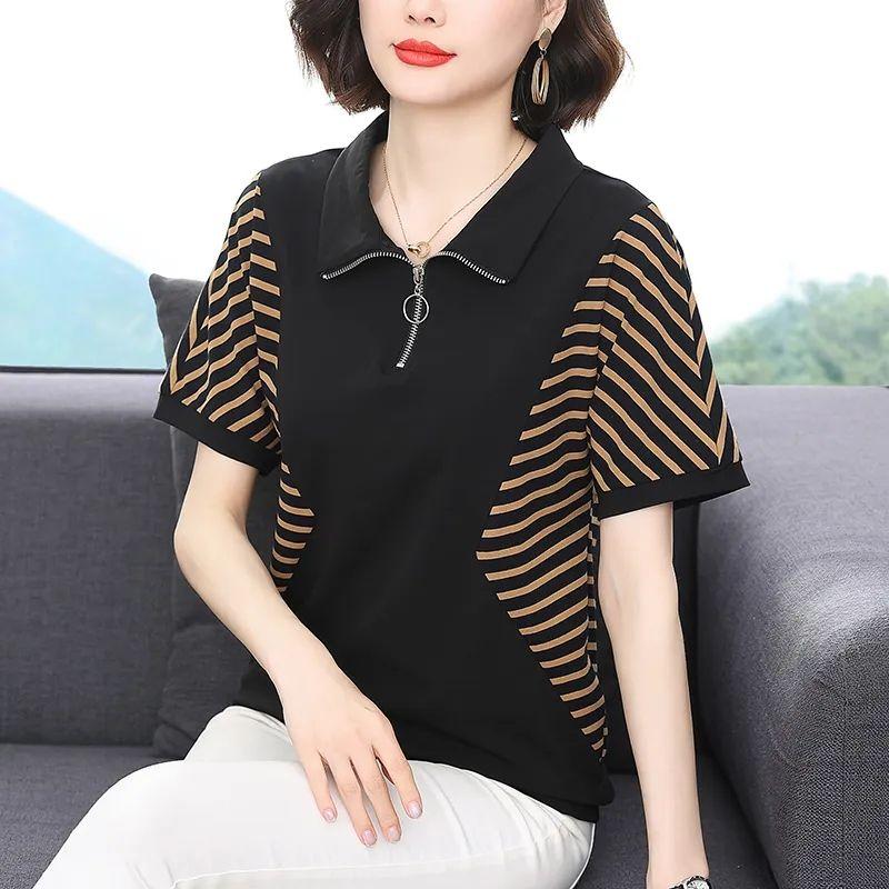 New Women's Clothing Elegant Fashion Loose Round Neck Simplicity Pullovers Zipper Striped Patchwork Button  Summer T-Shirts