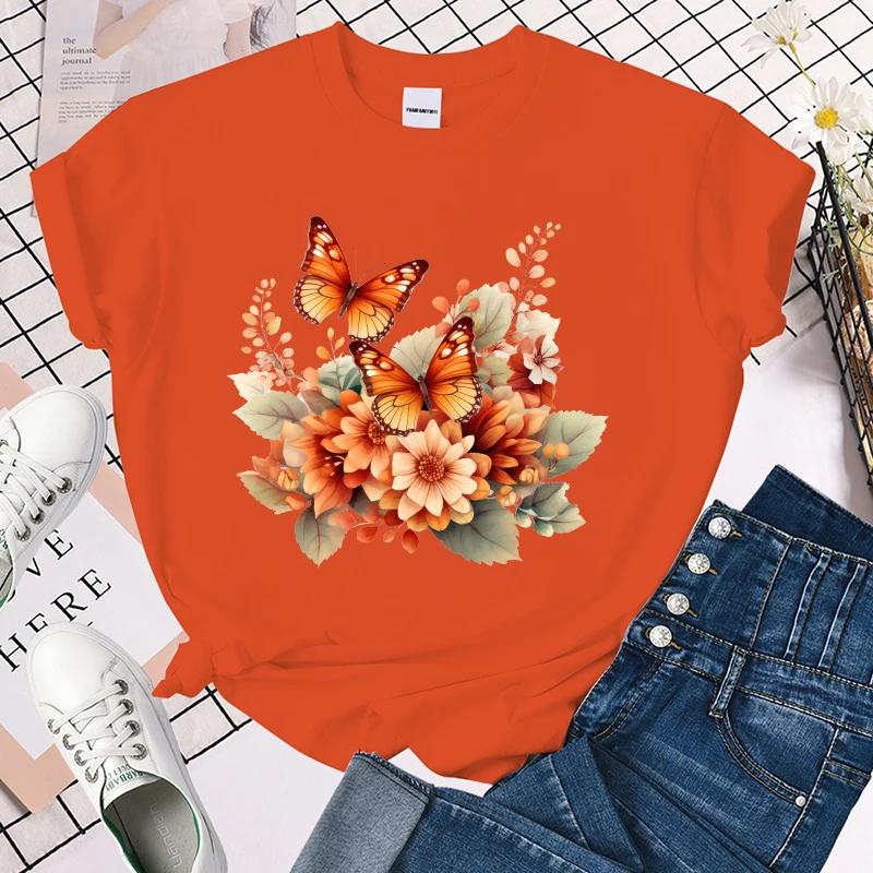 Hot Fall Flower Butterfly Printed T-Shirts For Women Summer Short Sleeve Tee Shirts Round Neck Casual tops