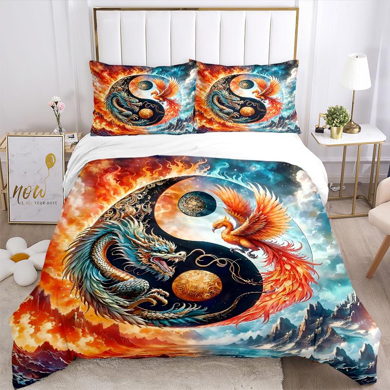 3pcs Dragon and Phoenix In Cosmic Balance Quilt Set Cartoon Themed Bed Quilt Set Lovely Character Bedroom Decor Bed Quilt Set Four Seasons (1 Cov