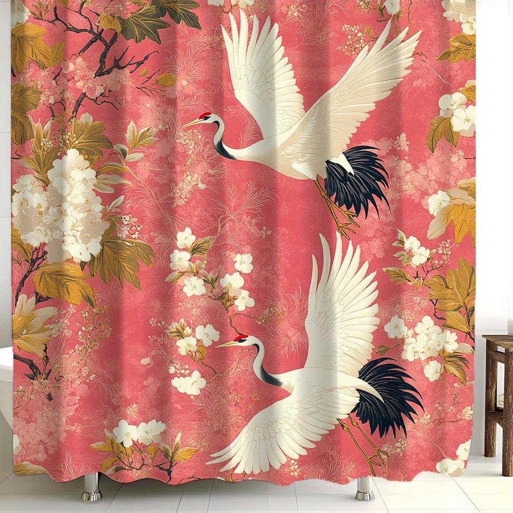 Elegant Oriental Crane Shower Curtain For A Luxurious And Inviting Bathroom, Featuring Graceful White Cranes In Flight Against