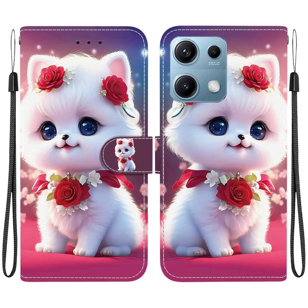 Handmade PU Leather Flip Case for Xiaomi Redmi Note 14S Anti-Slip Shockproof Cover with Wrist Strap & Heart/Rose Cat Designs