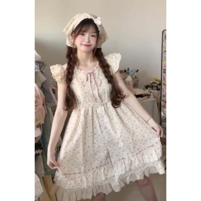 First love floral small flying sleeves gentle dress women s pure desire wind versatile long dress S