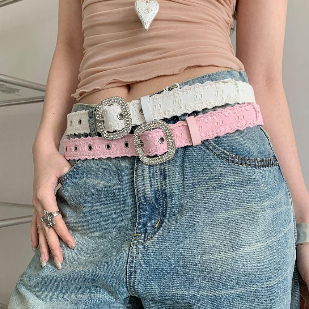 Y2K Lace Belt PU Leather Women Waistband Trend Rhinestone Belt Jeans Accessories