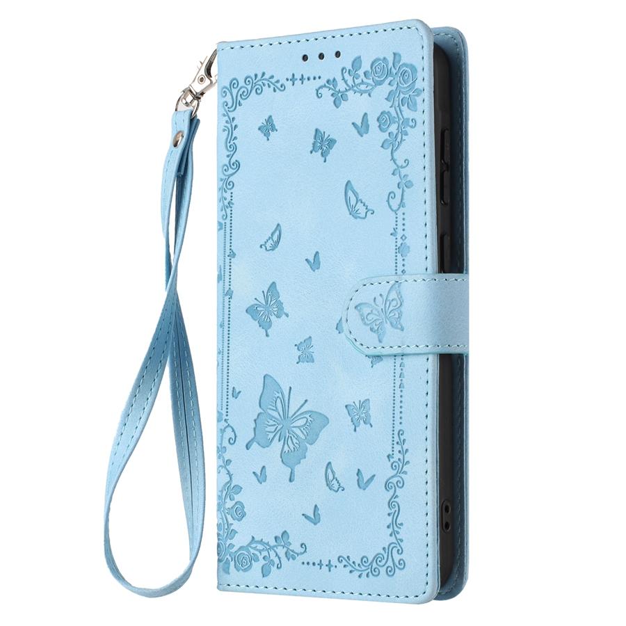 Retro Embossed Flower and Butterfly Phone Case for iPhone 17 16 15 Skin Feel PU Leather Card Slots Wallet Case with Wristband for Samsung S25 S24 S23