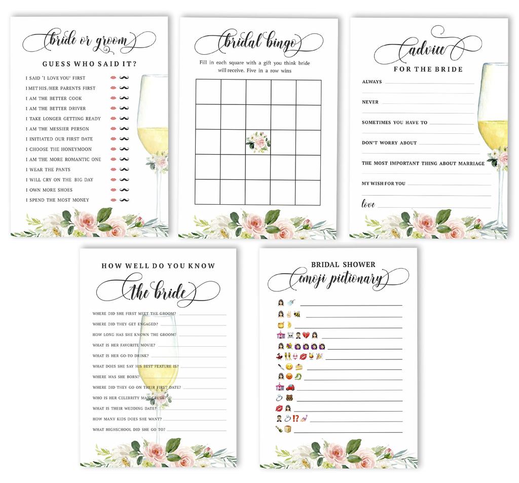 Inkdotpot Bachelorette Party Games Set Bundle of 5 (Activities for 50 Guests) Floral Brunch & Bubbly Theme Fun Bridal Shower Games Set