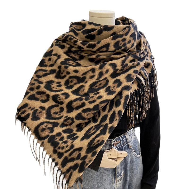 Retro fashionable brown leopard print scarf autumn and winter decoration with large version long scarf thickened warm shawl