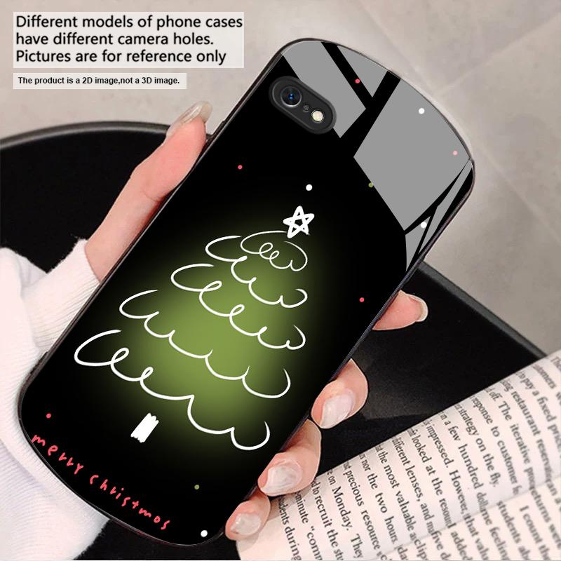 White Line Christmas Tree For iPhone 17 16 15 14 13 Plus 12 Mini 11 Pro Max XR Xs Max X 7 8 6S 22 20 Elliptical Glass Phone Case