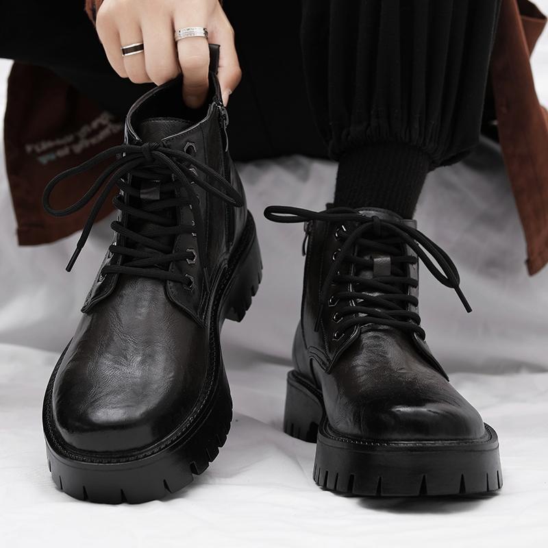 Men's high top leather shoes Trendy British style Party Outdoor Recreation Daily office thick soled men's boots Black shoes