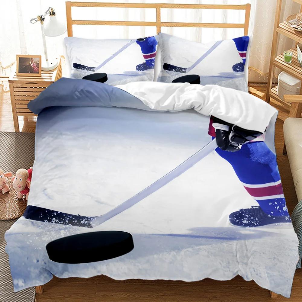 Ice Hockey Duvet Cover Set Twin Hockey Sport Player Bedding Set Winter Extreme Sport Game Polyester Comforter Cover Set King