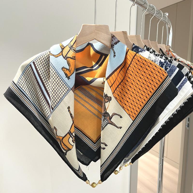 Silk cotton magnetic buckle silk scarf geometric and floral combination printing fashion personality spring autumn and winter versatile single item