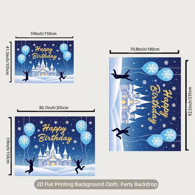 2D Winter Wonderland Birthday Backdrop, Frozen Castle with Snowflakes Background