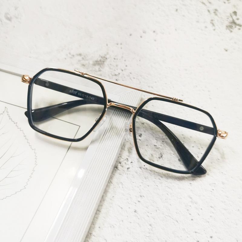 Anti-Blue Glasses Transparent Frame Retro Double Beam Pilot Flat Light Eye Frame Can Be Equipped With Degree Women'S Myopia Glasses