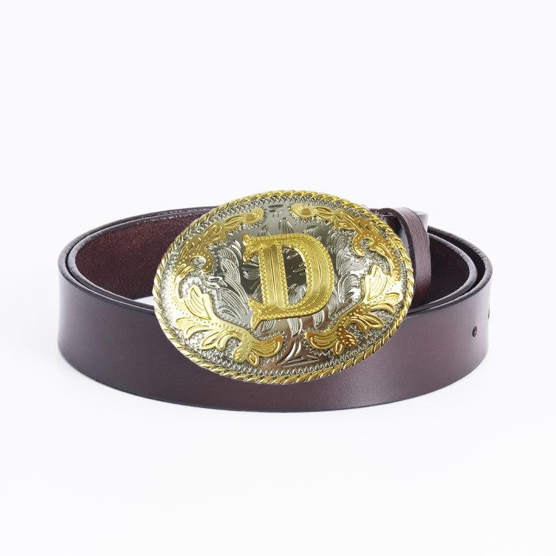 Men's Vintage Full-Grain Cowhide Belt with Stylish Gold & Silver D Letter Oval Buckle, Ethnic Style.