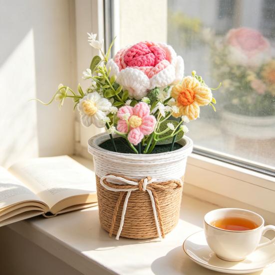 Handmade Crochet Flower Bouquet with Pot, Cute Little Knitted Potted Flower for Car Dashboard, Home Office Decoration, Gift for Birthday, Anniversary