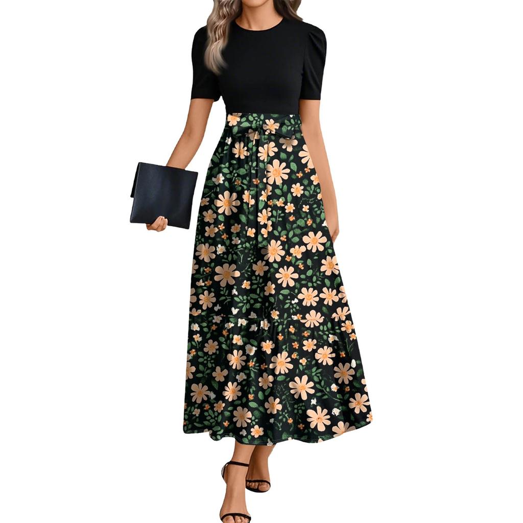 Ladies Fashion Casual Belt Short Sleeve Round Neck Floral Print Splicing Elegant Temperament Dress