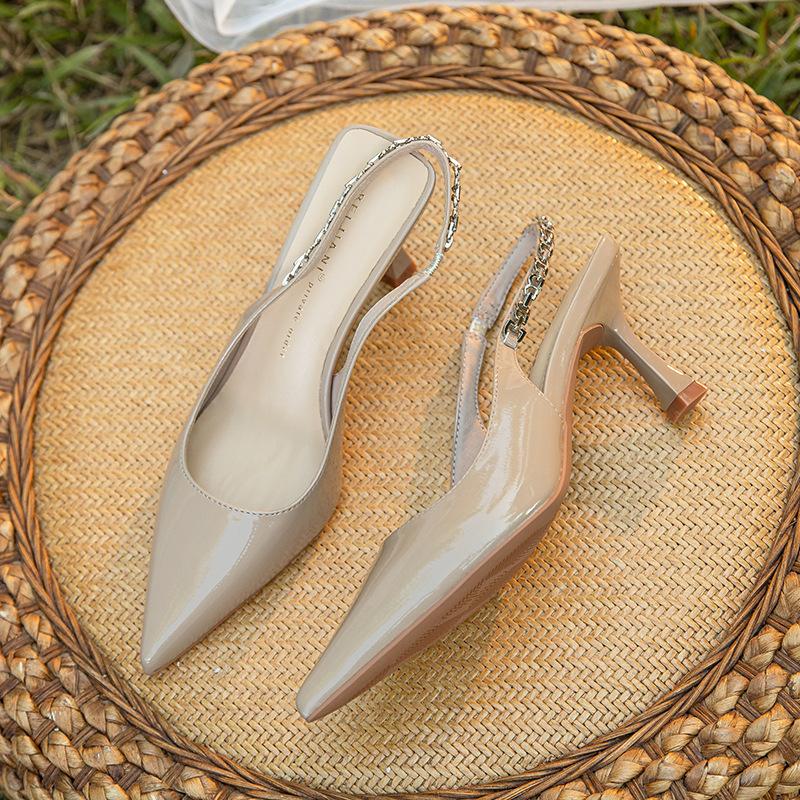 

Design chain decorative pointed thin heel high heel single shoes women s word with temperament bag head sandals 39