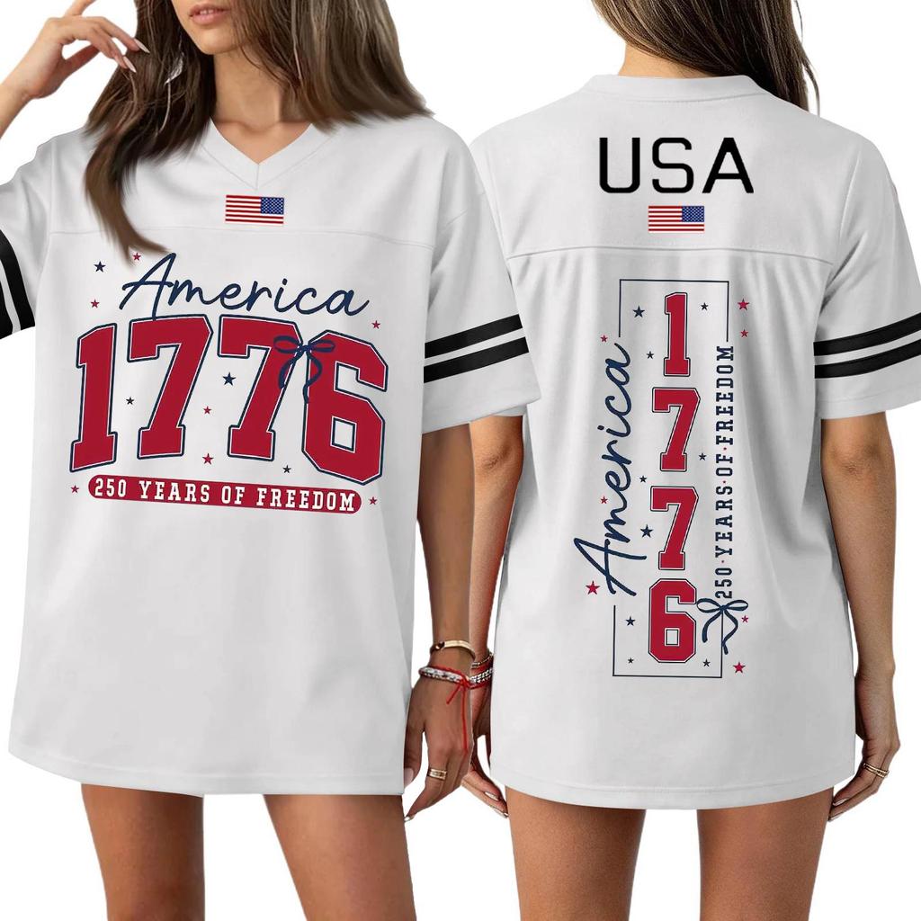 Women's Casual Fashion V-Neck Sports Independence Day Print Short Sleeve Sports T-Shirt Top