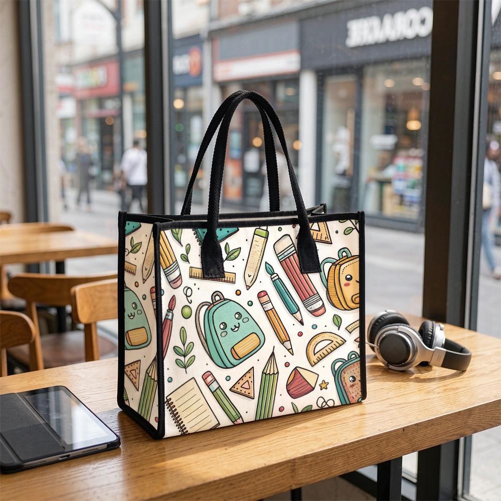 Cute Stationery Print Tote Bag Portable Stylish Daily Carry Handbag